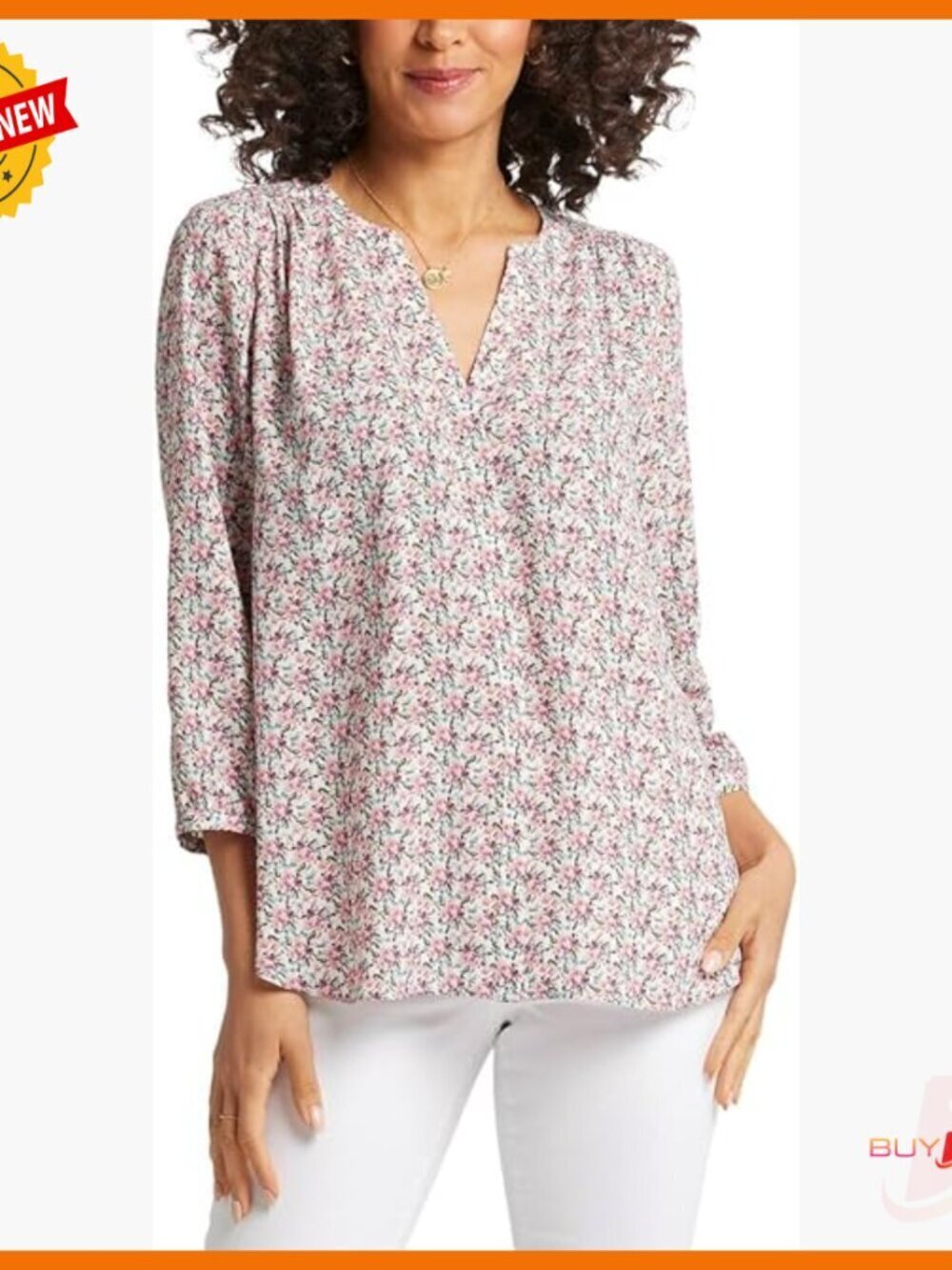 Classic Fit Pintuck Blouse with 3/4 Sleeves and Button Front